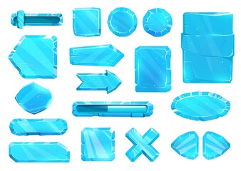 Poster - Ice crystal user panel interface, buttons, slider plates and arrow keys, vector game asset UI set. Blue ice UX and GUI buttons for game, cartoon menu with power volume level and menu navigation arrows