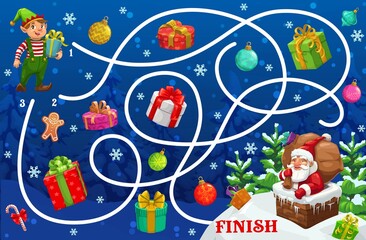 Poster - Christmas maze game with Santa and gifts cartoon labyrinth, vector puzzle of kids education. Start to finish game, puzzle or riddle, help Xmas elf with gift box find way to Santa Claus in chimney