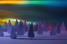 Bright Colourful Aurora Over A Paper-craft Pine Forest
