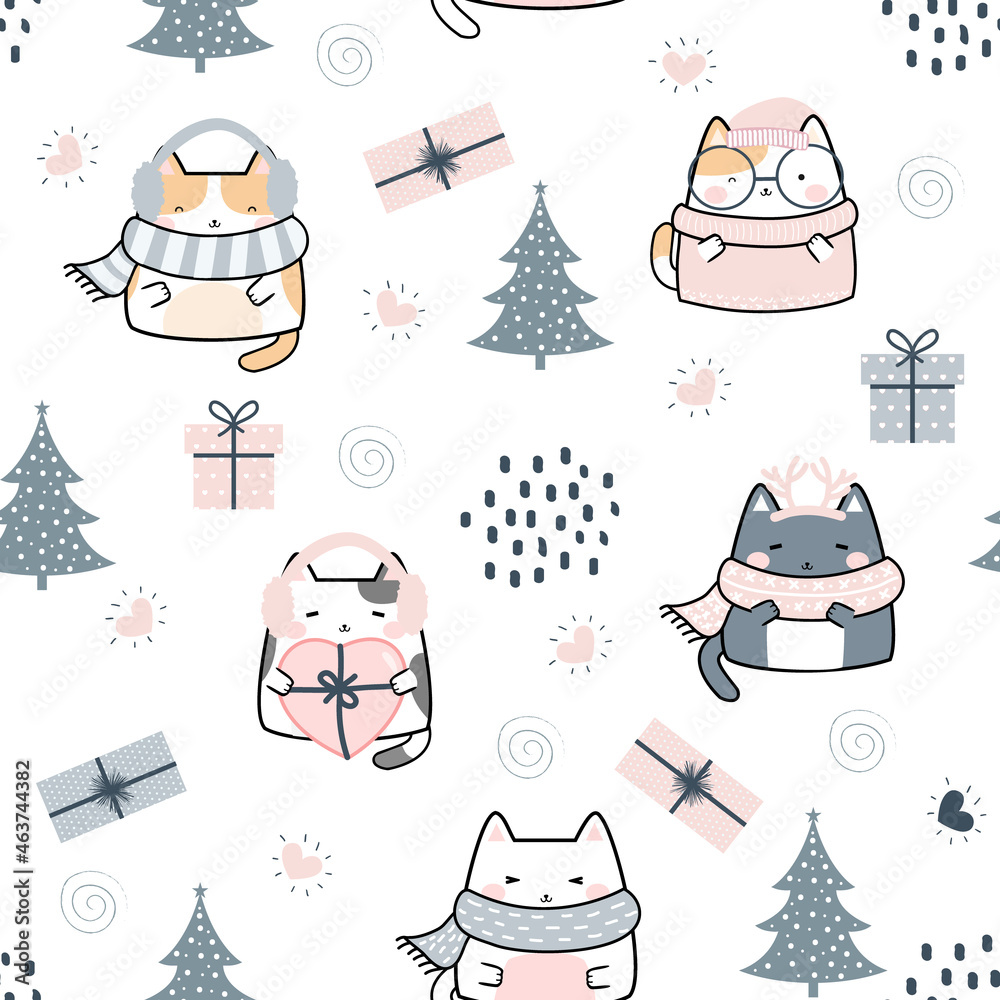 Seamless Pattern Kawaii Winter Cute Cats, Cartoon Animals Background,  Vector Illustration Stock Vector | Adobe Stock, image size:1000x1000
