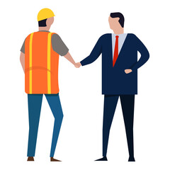 Poster - worker and boss deal handshake congratulate labor deal employment issue project construction with helmet protection
