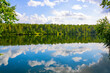 The landscape of a picturesque lake and the reflection of the cloudy blue sky and forest.
