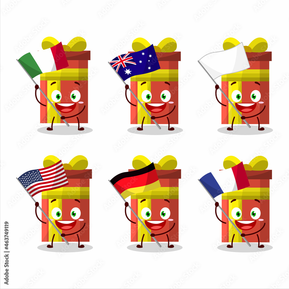 Long gift box cartoon character bring the flags of various countries ...