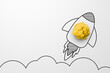 Rocket sketch drawing cartoon with crumpled paper ball on white background. Successful business startup. Creative thinking ideas and innovation concept