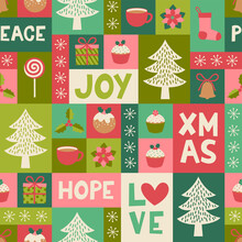 Cute Christmas Elements And Pine Tree Grid Pattern Design.