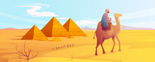 Egypt Desert Landscape With Pyramids And Camels Caravan. Egyptian Ancient Architecture At Sand Dunes Under Blue Cloudy Sky And Bedouins Waking On Horizon In African Sahara Cartoon Vector Illustration