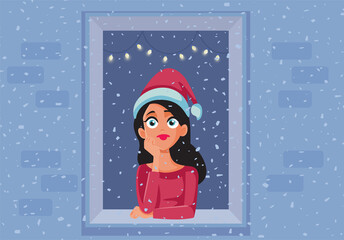 Wall Mural - Sad Woman Feeling Depressed and Alone on Christmas Vector Illustration