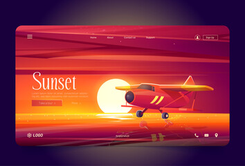 Wall Mural - Red airplane fly over water at sunset. Vector landing page of flights with cartoon illustration of evening landscape with lake, sea or river, sun on horizon and biplane in air