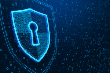 Poster - Abstract glowing shield with padlock icon on dark binary code background with mock up place. Online protection, antivirus and security concept. 3D Rendering.
