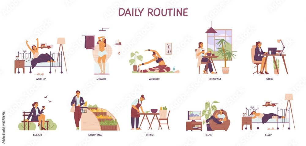 Daily routine of business woman character, flat vector illustration ...