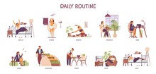 Daily routine of business woman character, flat vector illustration isolated.
