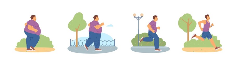 Stages lose weight of fat young man with obesity problem engaging sport.