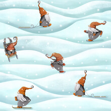 Scandinavian Gnomes Sledding, Skiing, Skating. Watercolor Winter Illustration Seamless Pattern