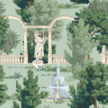 Park Vintage Botanical Landscape, Gallery, Marble Sculpture, Fountain, Trees, Bush Floral Seamless Pattern Green Background. Garden Wallpaper.