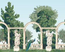 Park Vintage Botanical Landscape, Gallery, Marble Sculpture, Peacock Bird, Trees, Bush Floral Seamless Border Blue Background. Garden Mural.