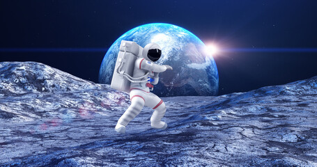 Astronaut Making Kung Fu Moves On Planet Surface. Planet Earth On Background. Space And Technology Related 3D Illustration Render.