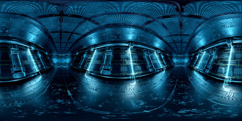 Aufkleber - HDRI panoramic view of dark blue spaceship interior. High resolution 360 degrees panorama reflection mapping of a futuristic spacecraft 3D rendering
