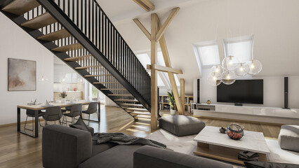 Wall Mural - Interior of a modern loft living room showcase