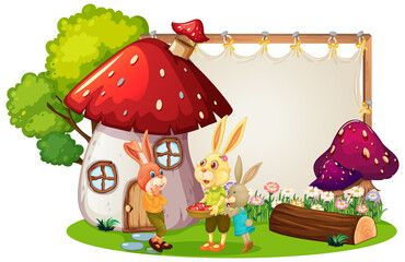 Poster - Blank banner in the garden with rabbit family isolated