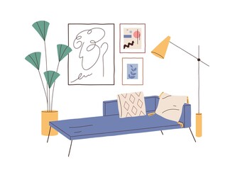 Poster - Home interior design with sofa, cushions, wall art, house plant and floor lamp in 50s retro style. Trendy living room with couch, posters, decor. Flat vector illustration isolated on white background