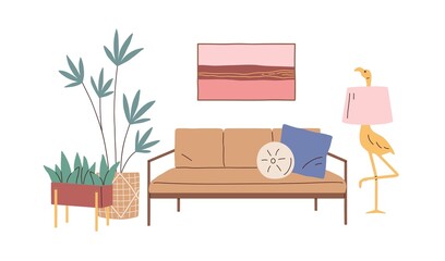 Poster - Home interior design with sofa, cushions, wall picture, potted house plants and floor lamp in retro style. Living room with couch and decor. Flat vector illustration isolated on white background