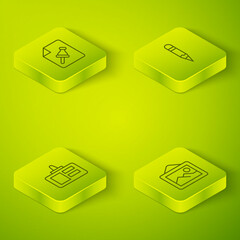 Poster - Set Isometric line Pencil, Identification badge, Picture landscape and Note paper with push button icon. Vector