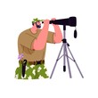 Man looking through spyglass, watching for smth and observing. Nature explorer with telescope on tripod exploring and studying smth. Flat vector illustration of naturalist isolated on white background