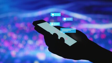 Man Browsing Smartphone with Visualization of Information Concept. Modern Communication Technology Illustration. Social Media. E-Mail. Message. Shopping.Notification. Global Network. Smartphone. Media