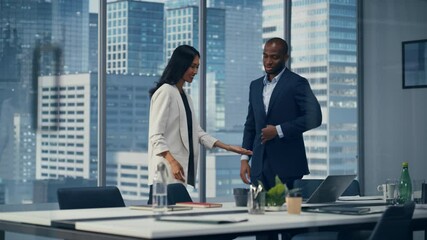 Sticker - multi-ethnic businesspeople in modern office: asian businesswoman and black businessmantalk. profess