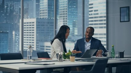 Businesspeople in Modern Office: Business Meeting of Two Businessmen Talking. Strategy Meeting of CEO and Director Brainstorming Business Idea of e-Commerce Software Investment