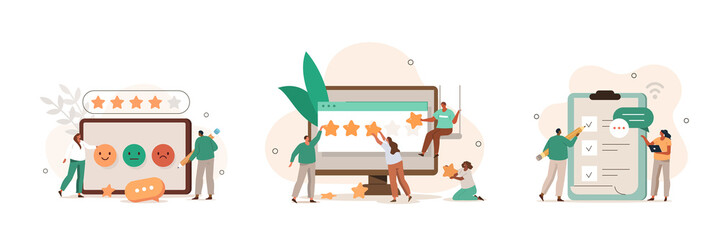 Wall Mural - people сharacters giving five star feedback. clients choosing satisfaction rating. customer service 