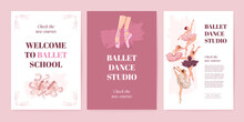 Set Of Ballet School Poster Template With Hand Drawn Ballerina And Pointe Shoes