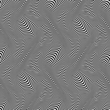 Warped Seamless Pattern Of Black White Wavy Lines. Optical Art Repeatable Texture. Vibrant Zebra Wallpaper.