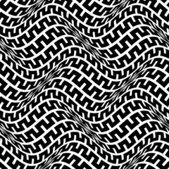 Sticker - Warped seamless pattern of black broken lines in form of rectangular teeth. Psychedelic optical illusion wavy repeatable texture.