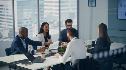 Poster - Modern Multi-Ethnic Office Conference Room Meeting: Diverse Team of Ambitious Top Managers, Executives Talk, Brainstorm, Use Tablet. Businesspeople Discuss Investment Strategy in e-Commerce Startup