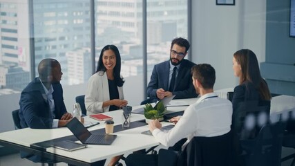 Poster - Office Conference Room Meeting: Diverse Team of Top Managers Talk, Brainstorm, Use Tablet, Celebrate and Applaud Successful Solutions. Asian Businesswoman Presenting Investment Strategy to Investors