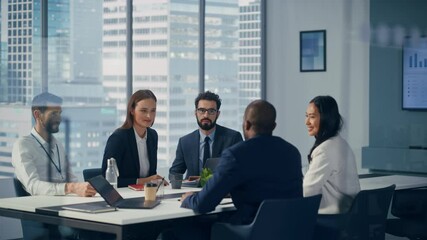 Poster - Modern Multi-Ethnic Office Conference Room Meeting: Diverse Team of Young Top Managers, Executives Talk, Brainstorm, Use Tablet. Smiling Businesspeople Discuss Investment Strategy in ecommerce Startup