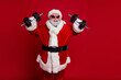 © deagreez - Photo of fat slimming santa claus wear red headwear hat dark glasses smiling holding dumbbells isolated red color background