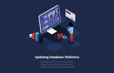 Poster - Updating Database Statistics Concept Vector Illustration On Dark Background With Writings. Isometric Composition In Cartoon 3D Style. Characters, Objects. Computer Screen With Information, Graphs