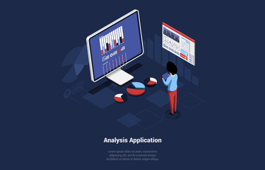 Poster - Conceptual Vector Illustration With Text And Characters. Isometric Composition In Cartoon 3D Style. Analysis Application, Financial Management Online Program Or Mobile App With Graphs And Diagrams