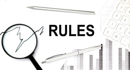 Aufkleber - RULES document with pen,graph and magnifier, calculator,business concept