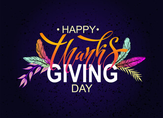 Happy Thanksgiving day. Banner with handwritten lettering and hand-drawn elements. Autumn background. Vector illustration.