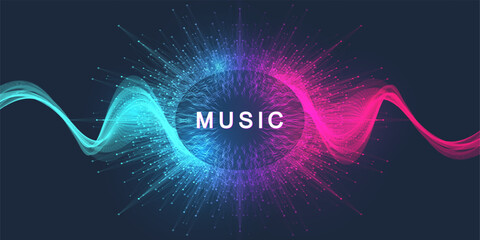 Poster - Music wave flow poster design with lines and dots. Sound flyer with abstract gradient line waves. Music abstract background. Vector concept.