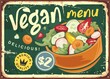 © lukeruk - Vegan menu retro advertisement design with salad bowl full of healthy vegetables. Vintage vitamin food sign idea. Vector illustration.