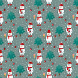 Fototapeta Pokój dzieciecy - A pattern with snow Characters in a red hat. A snowman with ice cream and a garland. Cute Textile background with Christmas tree. Happy New Year and Merry Christmas. Vector illustration