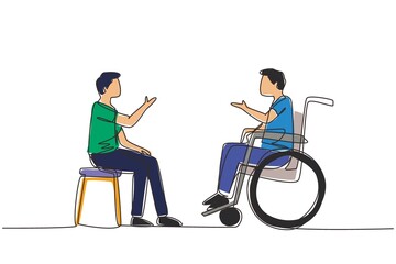 Wall Mural - Single continuous line drawing two people sitting chatting, one using chair, one using wheelchair. Friendly man are talking to each other, human disabled society. One line design vector illustration