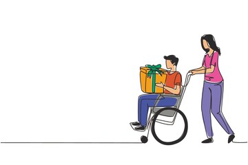 Wall Mural - Continuous one line drawing young female and disabled male in wheelchair. Woman shopping and give gift box to man. Disability rehabilitation, invalid people assistance. Single line draw design vector
