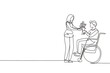 Single continuous line drawing woman and disabled man in wheelchair. Male give bouquet of flower to female. Family moral support. Disability rehabilitation. One line draw design vector illustration
