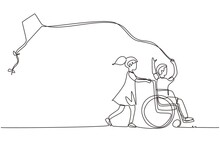 Single Continuous Line Drawing Happy Child Disabled Concept. Hand Drawn Little Girl Pushing Boy In Wheel Chair With Flying Kite. Disabled Has Fun Outside. One Line Draw Design Vector Illustration