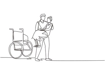 Wall Mural - Single continuous line drawing loving son took his old disabled mother from wheelchair carrying her in his arms. Happy senior lady in hugs of her strong child. One line draw design vector illustration